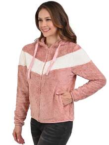 SHEIN Chamarra Suéter de Peluche Violeta para Mujer con franja, capucha y resortes en los puños - Rosa Pálido - Ver 3