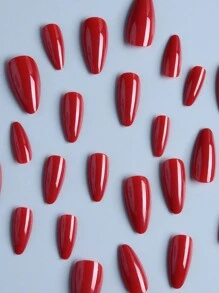 24 pezzi Set di unghie finte a forma di mandorla di colore rosso, design di lunghezza media, perfettamente adattabili, adatte per uso quotidiano di donne e ragazze, adesivi per manicure fai-da-te, accessori per arte di unghie - Rosso - Visualizzare 4