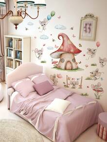 1套3入組卡通老鼠和蘑菇屋牆貼紙,適用於客廳臥室家居裝飾