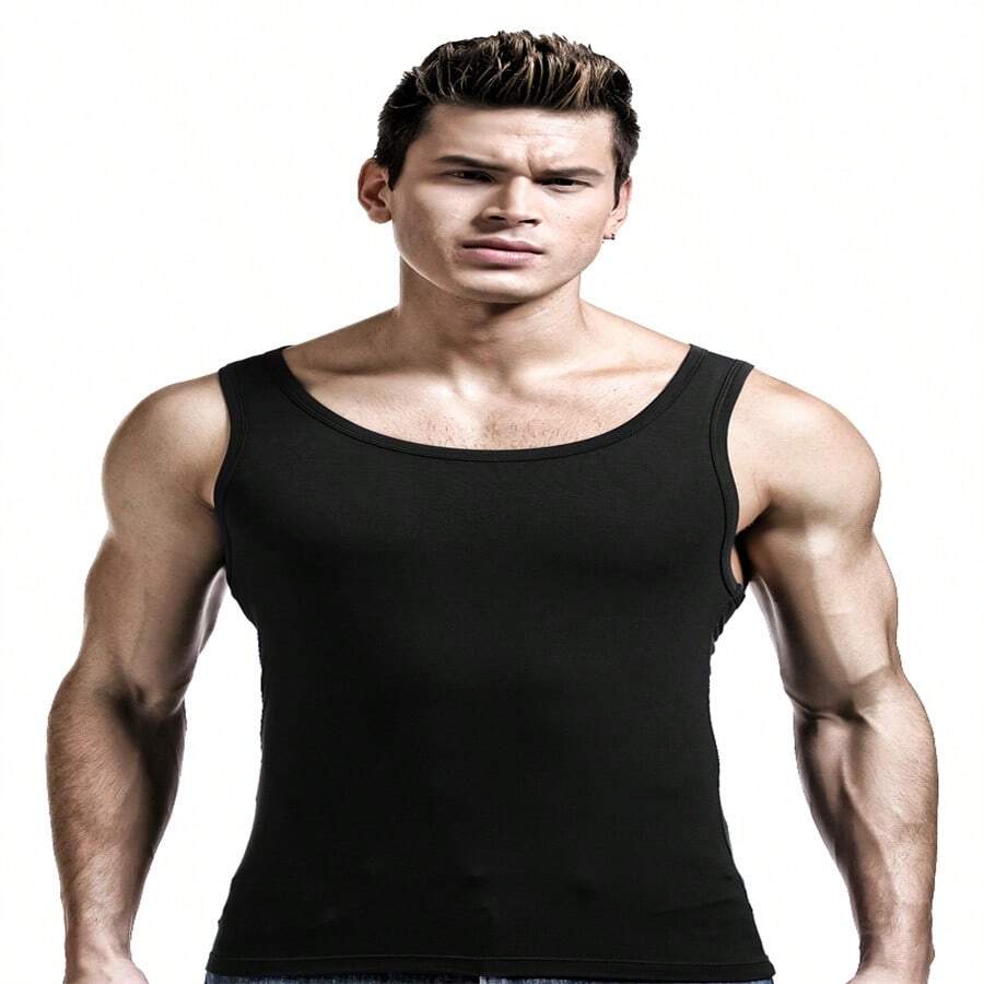 男款夏季無袖運動修身健身背心上衣,白色 - 黑色 - 查看 1