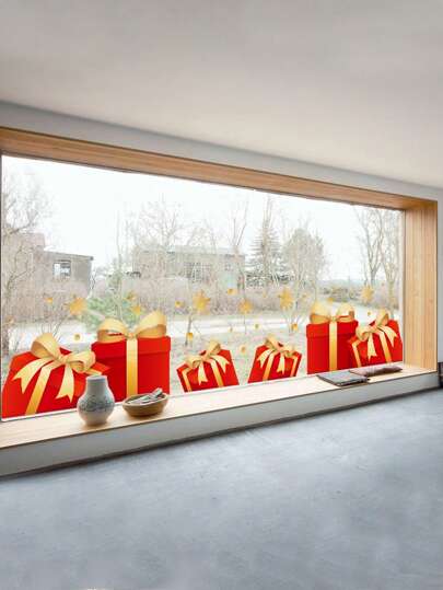 1 件圣诞节和新年玻璃贴纸，雪花图案橱窗商店展示装饰，圣诞礼品盒贴纸