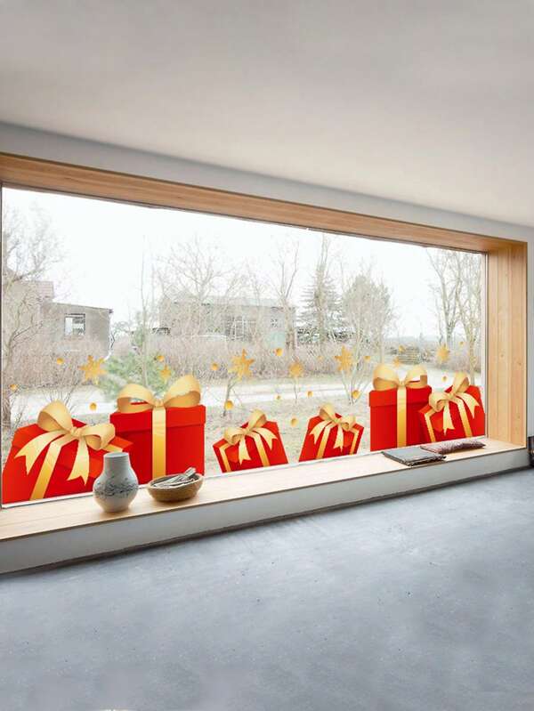 1 Pc Christmas & New Year Glass Sticker, Snowflake Pattern Window Shop Display Decor, Christmas Gift Box Sticker