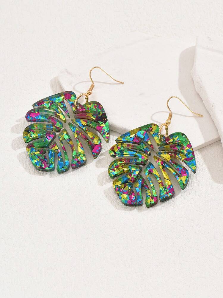 1 Par De Pendientes Colgantes En Forma De Hoja De Colores De Moda Para La Fiesta De La Mujer, Regalo Del Día De Acción De Gracias Y Del Día Del Trabajo - hojas fragmentadas - Ver 1