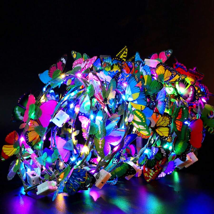 5入組led花冠頭帶和五彩蝴蝶燈光髮套,發光led頭飾點亮花圈頭饰,女士婚禮聖誕萬聖節夜間party皆宜