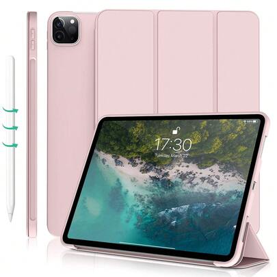 Jednobarevný růžový základní kryt s podložkou Jednobarevný růžový trojdílný chytrý ochranný kryt kompatibilní s Apple 9./10. generací, ochrana proti pádu, ultratenký chytrý stojánek, automatické probuzení/uspání kompatibilní s 9./10. generací, růžový jarní dárek k výročí