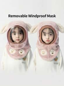 1pc Children's Cute Rabbit Ears Windproof Face Mask Covering Earmuffs, Fall And Winter Warm Beanie Hat - Pink - View 6