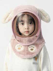 1pc Children's Cute Rabbit Ears Windproof Face Mask Covering Earmuffs, Fall And Winter Warm Beanie Hat - Pink - View 1