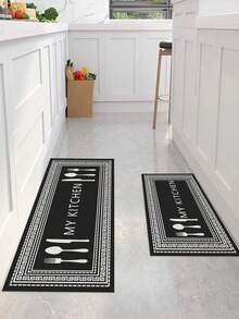 1pc Black And White Tableware Letter Printed Kitchen Mat, Simple Modern Style Polyester Fiber Suitable For Home Kitchen Use - Multicolor - View 3