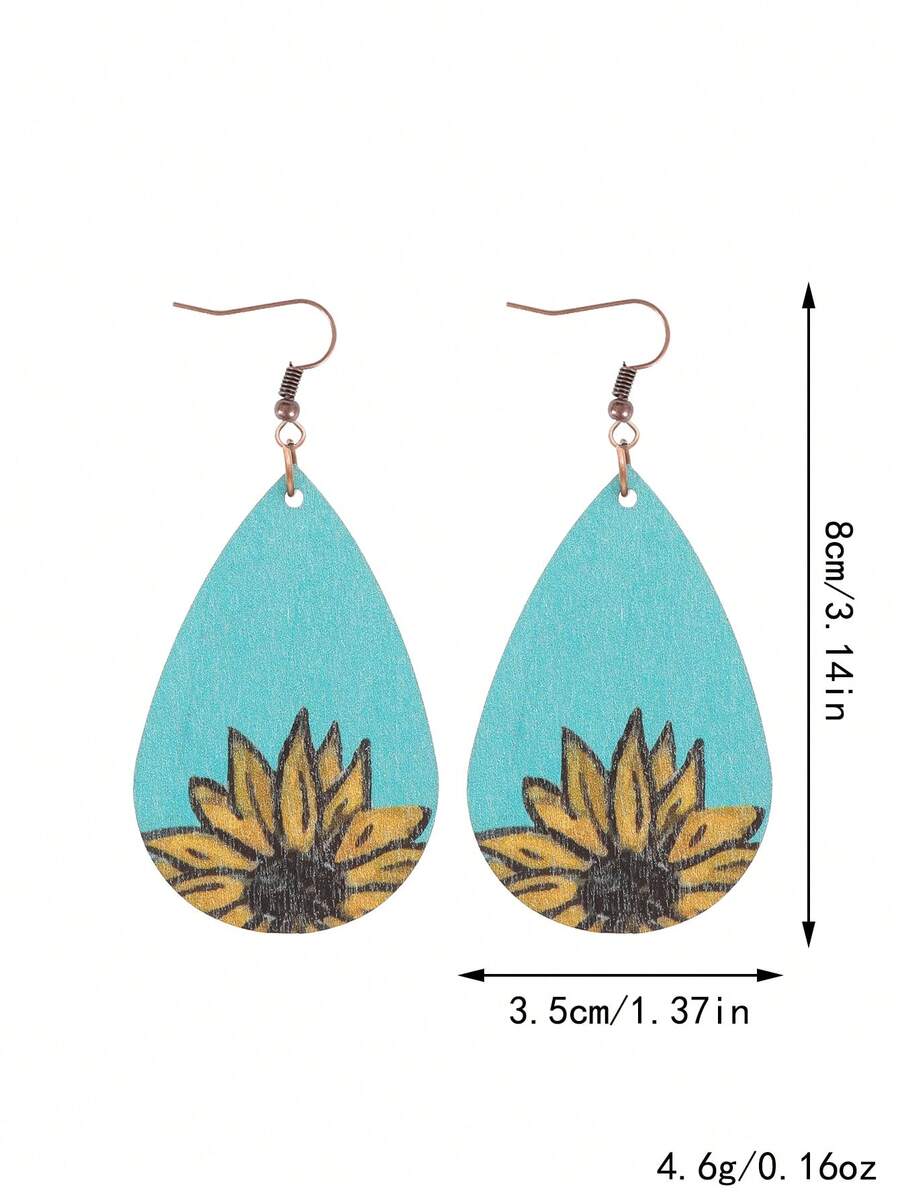 1對女士西式向日葵木質樹脂垂墜耳環
