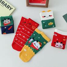 5對/套秋冬新款聖誕節童襪,中筒襪,配有可愛小胖龍和祝福圖案,無骨襪 - 彩色 - 查看 5