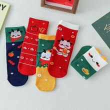 5對/套秋冬新款聖誕節童襪,中筒襪,配有可愛小胖龍和祝福圖案,無骨襪 - 彩色 - 查看 2