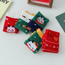 5對/套秋冬新款聖誕節童襪,中筒襪,配有可愛小胖龍和祝福圖案,無骨襪 - 彩色 - 查看 6