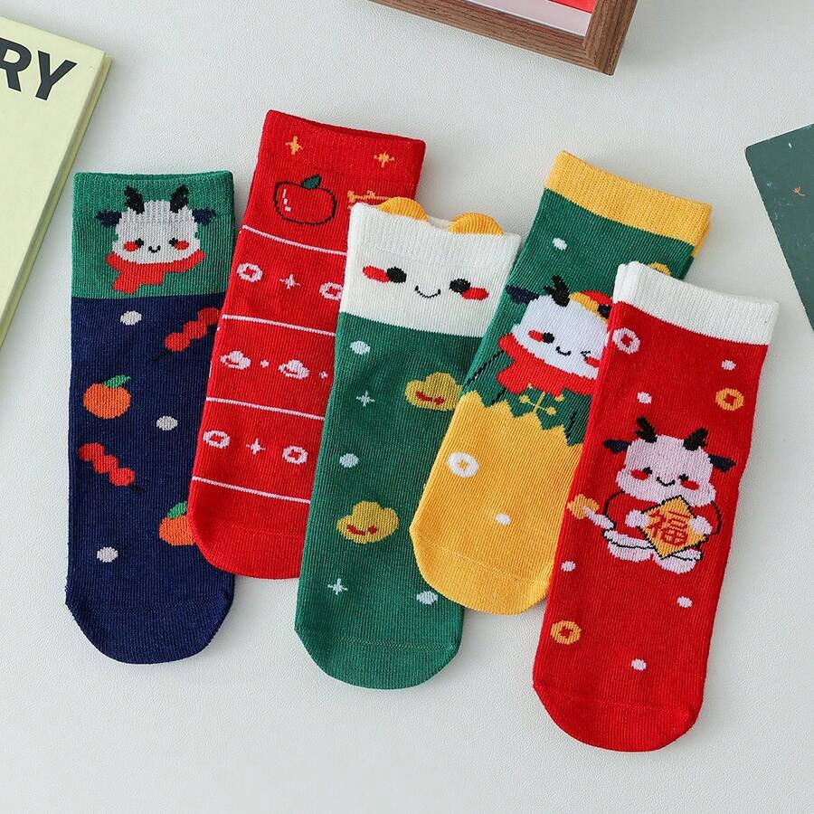 5對/套秋冬新款聖誕節童襪,中筒襪,配有可愛小胖龍和祝福圖案,無骨襪 - 彩色 - 查看 1