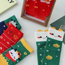 5對/套秋冬新款聖誕節童襪,中筒襪,配有可愛小胖龍和祝福圖案,無骨襪 - 彩色 - 查看 4