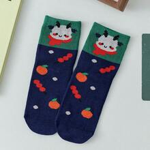 5對/套秋冬新款聖誕節童襪,中筒襪,配有可愛小胖龍和祝福圖案,無骨襪 - 彩色 - 查看 9
