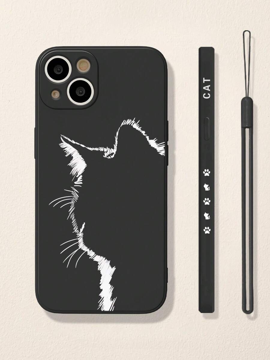1pc Black Tpu Protective Phone Case With Cartoon Cat Pattern And Side Edge Painting, With Hand Strap, Compatible With IPhone Series 7/8/11/12/13/14/15 Promax Plus X Xr Xs Max Se 2, Series Galaxy A03s, A03core, A04, A12, A13, A14, A21s, A22, A23, A32, A33, A34, A50, A51, A52, A53, A54, A71, A72, A73, S20fe, S21, S21plus, S21ultra, S22, S22plus, S22ultra, Redmi Series Redmi 9, Redmi 9a, Redmi 9c, Redmi 10, Redmi 10a, Redmi 10c, Redmi 12c, Redmi Note 9, Redmi Note 9pro, Redmi Note 9s, Redmi Note 10, Redmi Note 11, Redmi Note 12 - Multicolor - View 1