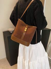 Patchwork Leisure Concise Fashion Large Capacity Crossbody Bucket Bag - Brown - View 7