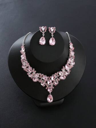 2pcs/set Water Drop Design Necklace & Earrings Set Pink