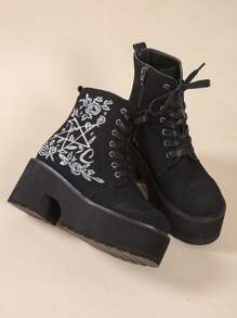 哥德式刺繡天鵝絨短靴、黑色厚底厚底靴 - 黑色 - 查看 2