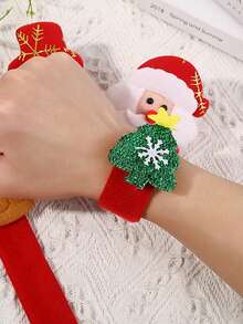 12入組聖誕毛絨拍拍手鐲,採用卡通聖誕老人、雪人、馴鹿和熊設計,適用於聖誕派對