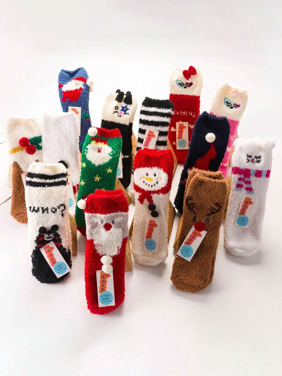 2對女士冬季卡通珊瑚絨軟綿聖誕袜,厚實保暖的居家地板袜,適用於產後睡眠(隨機顏色)