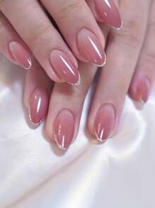 24個閃亮中號橢圓假指甲,裸粉漸變壓克力指甲,法式尖頭,極簡主義風格假指甲,適用於女性日常聚會使用+1片果凍凝膠+1個砂紙條 - 彩色 - 查看 1