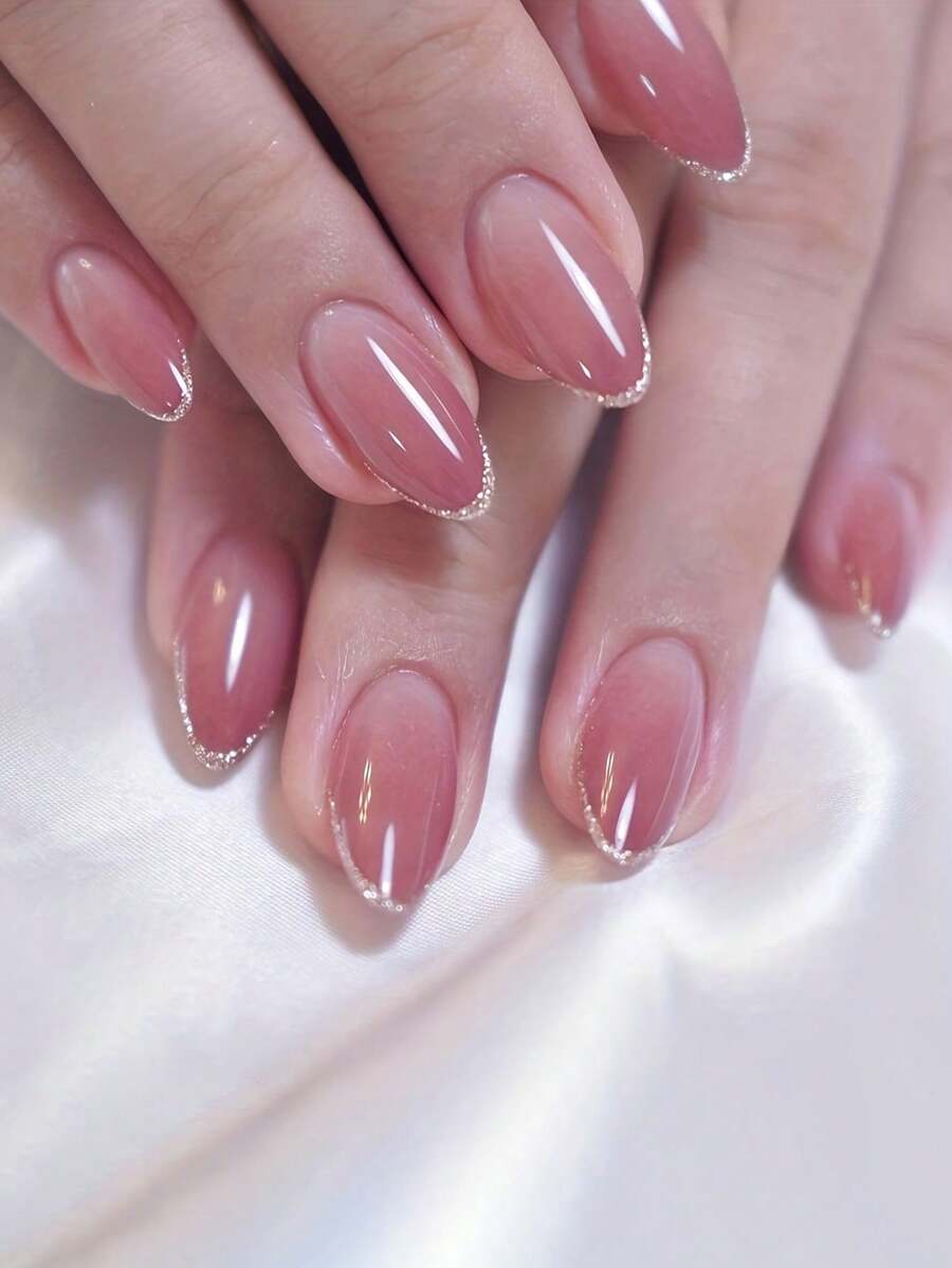 24個閃亮中號橢圓假指甲,裸粉漸變壓克力指甲,法式尖頭,極簡主義風格假指甲,適用於女性日常聚會使用+1片果凍凝膠+1個砂紙條 - 彩色 - 查看 1