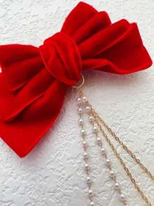 1入紅色兒童絨布蝴蝶結流蘇髮夾,聖誕節造型髮飾,不傷髮絲,適合女孩使用 - 紅色 - 查看 7