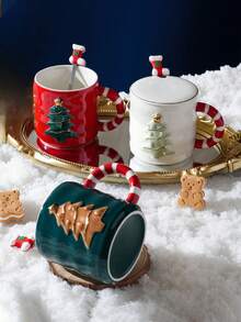 Taza De Cerámica Temática Navideña Con Tapa Y Cuchara, Regalo Creativo Para Chicas Y Parejas - Multicolor - Ver 6