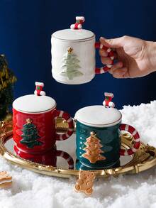 Taza De Cerámica Temática Navideña Con Tapa Y Cuchara, Regalo Creativo Para Chicas Y Parejas - Multicolor - Ver 7