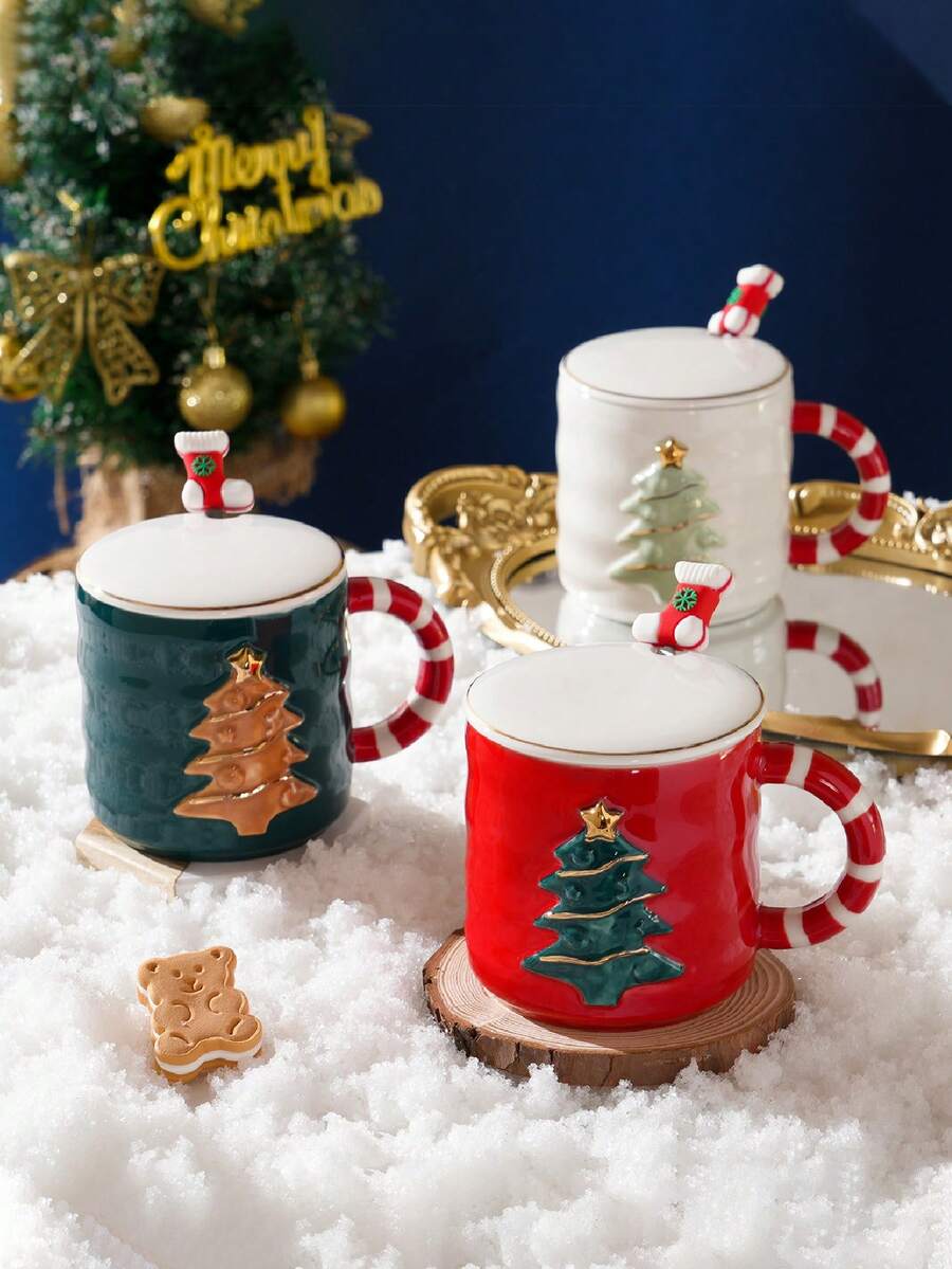 Taza De Cerámica Temática Navideña Con Tapa Y Cuchara, Regalo Creativo Para Chicas Y Parejas - Multicolor - Ver 1
