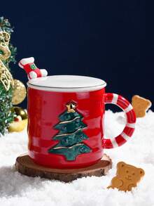 Taza De Cerámica Temática Navideña Con Tapa Y Cuchara, Regalo Creativo Para Chicas Y Parejas - Multicolor - Ver 5