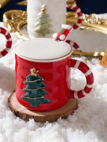 Taza De Cerámica Temática Navideña Con Tapa Y Cuchara, Regalo Creativo Para Chicas Y Parejas - Multicolor - Ver 2