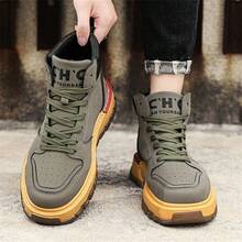 Men's Autumn Chunky Sneakers High Top Platform Shoes, British Style Work Boots - Army Green - View 2