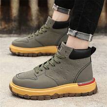 Men's Autumn Chunky Sneakers High Top Platform Shoes, British Style Work Boots - Army Green - View 4