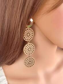 1對復古木質圓形中空長吊墜耳環,日常配戴珠寶飾品