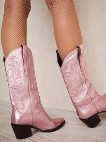 Women's Cowgirl Boots Metallic Fashion Chunky High Heels Mid Calf Platform Western Boots Pull On Vintage Embroidery Ridding Shoes - 粉色 - 查看 3