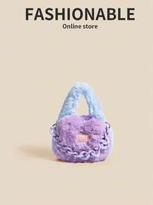 拼色柔軟絨毛袋,鏈條肩背包,蓬鬆女士手提包,小方包,毛茸茸可愛袋,絨毛手拿包,上把手提包,適用於女性,少女,秋冬,戶外 - 藍色 - 查看 2