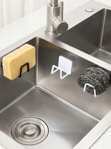 1pc Dishwashing Sponge With Drainage Rack, Kitchen Sink Dish Cloth, Steel Wool Ball, Scrubbing Rag Shelf, Suction Cup Storage Rack - White - View 1