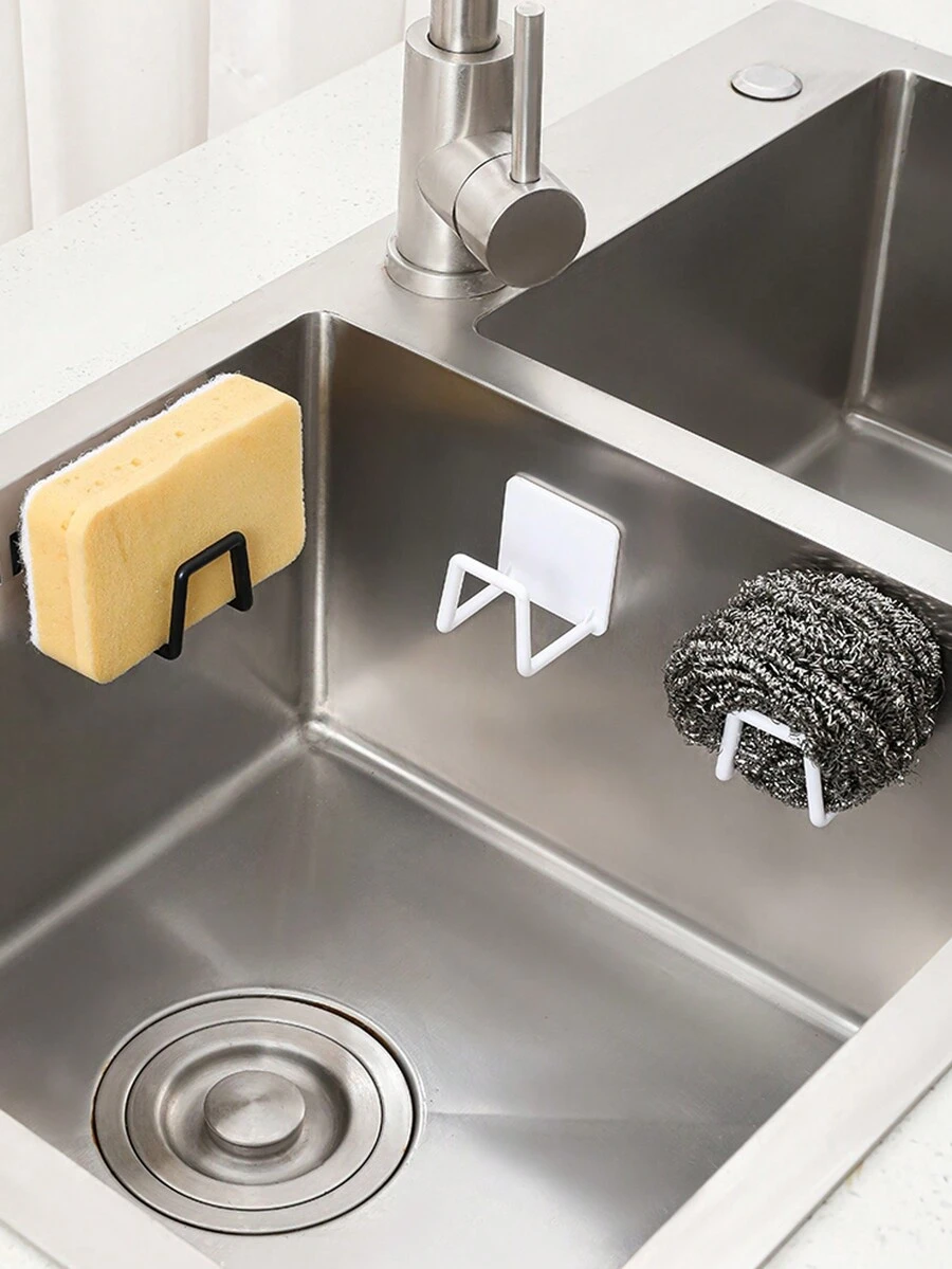 1pc Dishwashing Sponge With Drainage Rack, Kitchen Sink Dish Cloth, Steel Wool Ball, Scrubbing Rag Shelf, Suction Cup Storage Rack - White - View 1