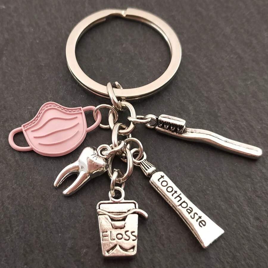 Dentist Keychain Teeth Toothpaste Toothbrush Tooth Cup Mask Combination Keychain Tooth Care Personalized Combination Accessories Key Ring Pendant Gift Gift Bag Present Key Chain Charms Nurse Scrubs Enamel Pin Pins - Silver - View 1