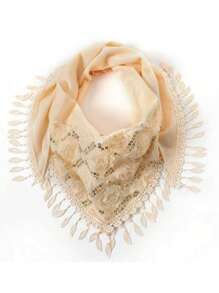 1 Khăn quàng tam giác thêu hoa hồng & tua rua có công dụng kép dành cho nữ, trang trí đầu quấn dành cho người lớn, thích hợp để sử dụng hàng ngày vào mùa thu và mùa đông - Màu be - Xem 2