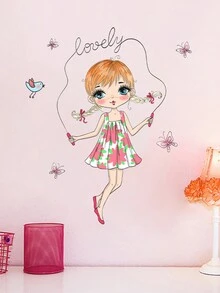 1 pieza de dibujos animados saltar la cuerda chica con mariposa y pájaro etiqueta de la pared, etiqueta de la pared impermeable para el hogar - Multicolor - Ver 4