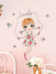 1 pieza de dibujos animados saltar la cuerda chica con mariposa y pájaro etiqueta de la pared, etiqueta de la pared impermeable para el hogar - Multicolor - Ver 1