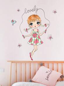 1 pieza de dibujos animados saltar la cuerda chica con mariposa y pájaro etiqueta de la pared, etiqueta de la pared impermeable para el hogar - Multicolor - Ver 5