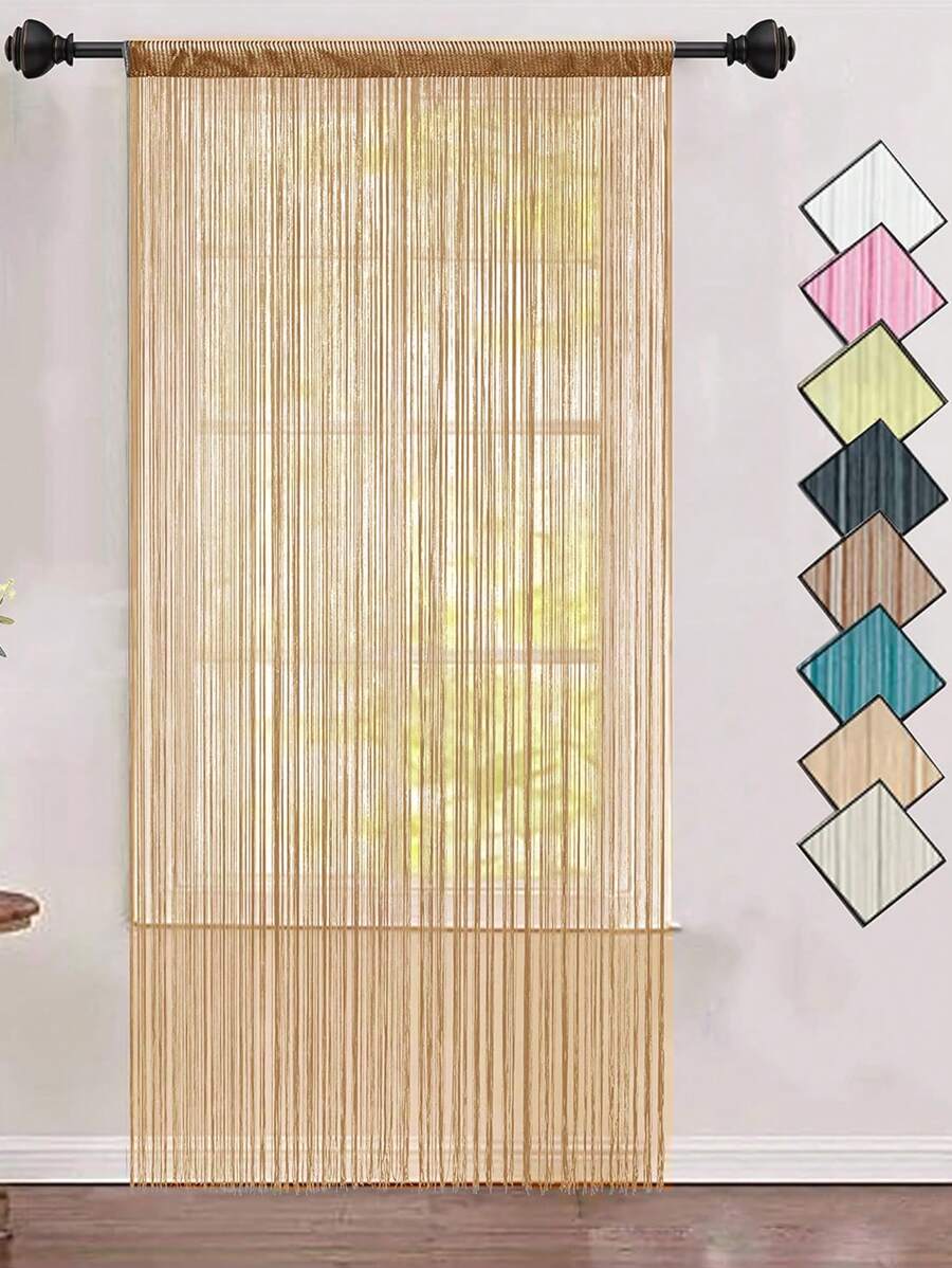 1pc Solid Color Silver Thread Decorative Curtain For Living Room, Door And Window Divider - Champagne - View 1