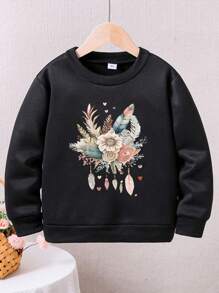 Kleine Mädchen Warmes Sweatshirt mit Cartoon-Muster und Rundhalsausschnitt für den Sport - Schwarz - Übersicht 1