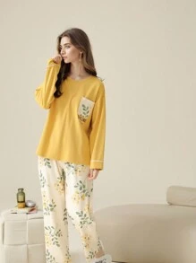 1 Set Women Sleepwear, Comfortable Long Sleeve Shirt & Long Pants, Cute & Sweet, Random Color Dispatched, Suitable For Home Wearing & Outdoor Wear - Yellow - View 7