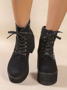 哥德式刺繡天鵝絨短靴、黑色厚底厚底靴 - 黑色 - 查看 3