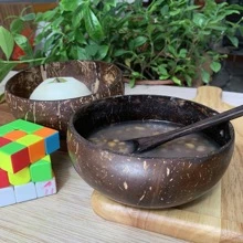 2 Stück Kokosnuss Schalen & 2 Stück Holzlöffel Set, 12-15cm polierte Kokosnuss Schalen, hochwertiges Aussehen Joghurt/Salat Schale, veganer Kokosnuss Schale für Zuhause, Küche, Weihnachtsgeschenk, Schulmaterial